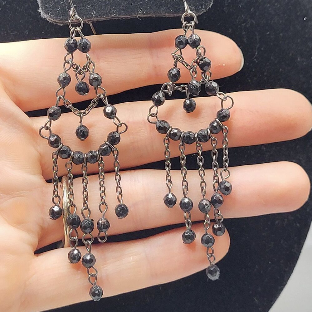 Vintage Y2K Bohemian Black Gunmetal tone Chandelier Earrings 3.5in